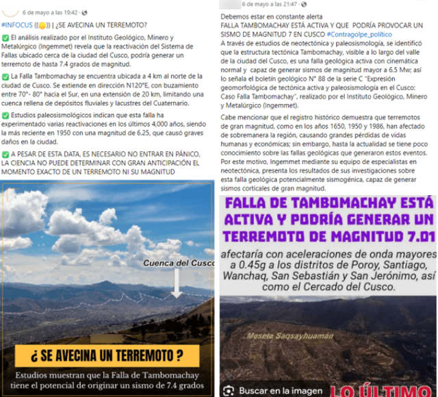  Desinformación sobre la falla Tambomachay en Cusco y el Ingemmet. Foto: capturas en Facebook.    