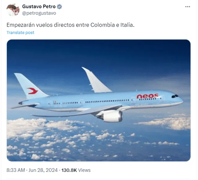 Gustavo Petro anunció vuelos directos entre Colombia e Italia. Foto: Gustavo Petro/X   