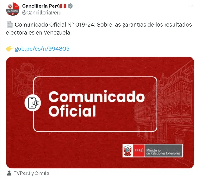 Cancillería de Perú se sumó al pedido de contar con resultados transparentes en Venezuela. Foto: @CancilleriaPeru/Twitter   