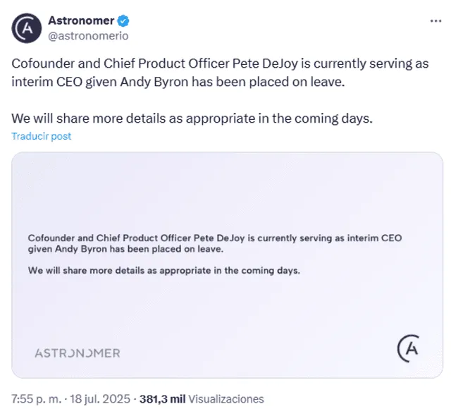  Astronomer suspende a Andy Byron como CEO tras escándalo en concierto de Coldplay. Foto: X/@astronomerio<br>    