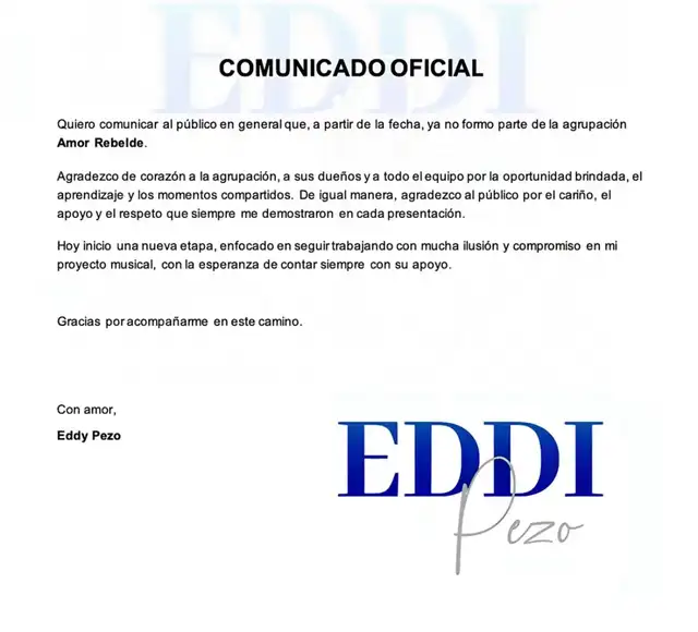  Comunicado de Eddi Pezo anunciando su salida de Amor Rebelde. Captura: TikTok   