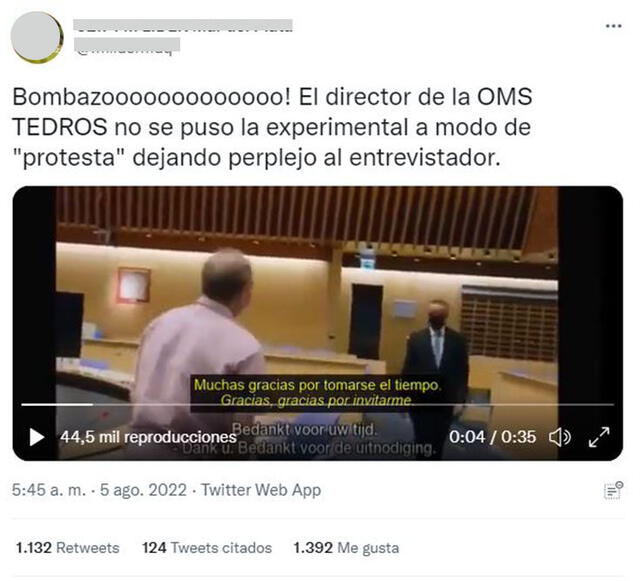 Publicación afirma falsamente que Tedros Adhanom no se vacunó. Foto: captura en Twitter.