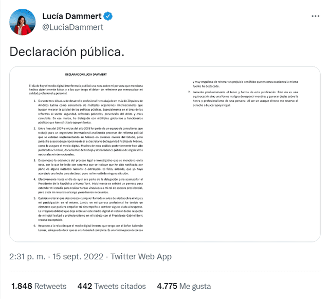 Lucía Dammert en un comunicado publicado en Twitter negó las acusaciones en su contra. Foto: @LuciaDammert/ Twitter