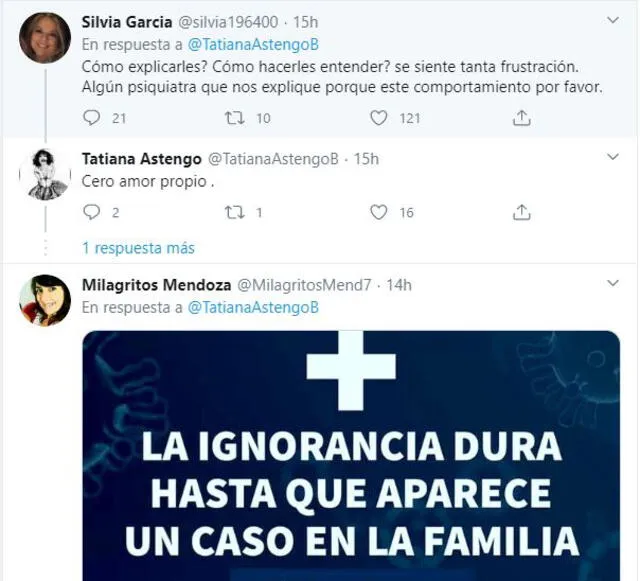Reacciones a publicación de Tatiana Astengo en Twitter.