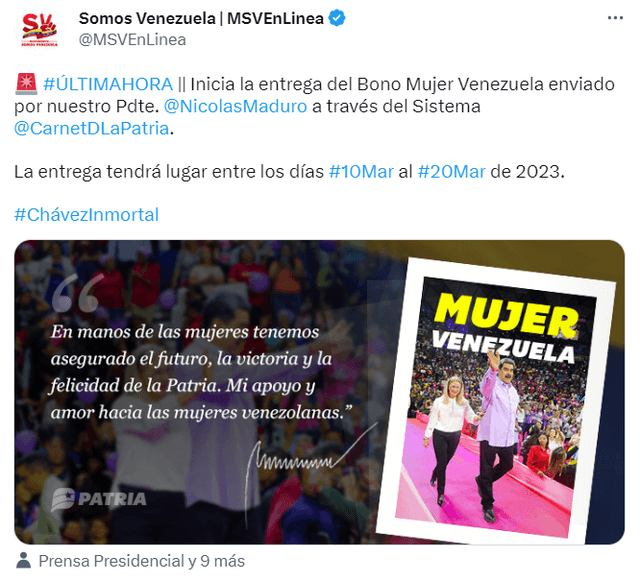 Somos Venezuela informó de la entrega del Bono Mujer Venezuela 2023. Foto: MSVEnLinea/ Twitter   