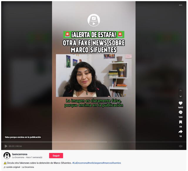 <em> Comunicado de La Encerrona sobre el posteo viral del falso arresto de Marco Sifuentes. Foto: captura de TikTok</em>   