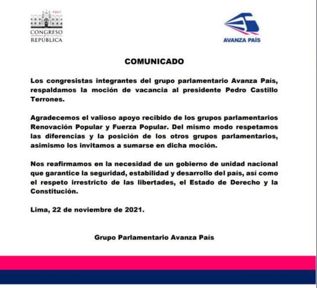 Avanza País informó que respaldará moción de vacancia que presentará la congresista Patricia Chirinos. Foto: Twitter