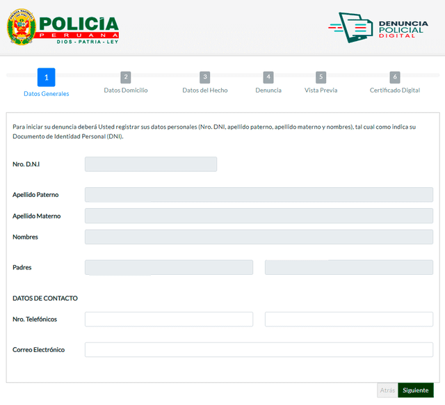 Denuncia policial virtual: debes llenar tus datos general en la página web de la Policía Nacional