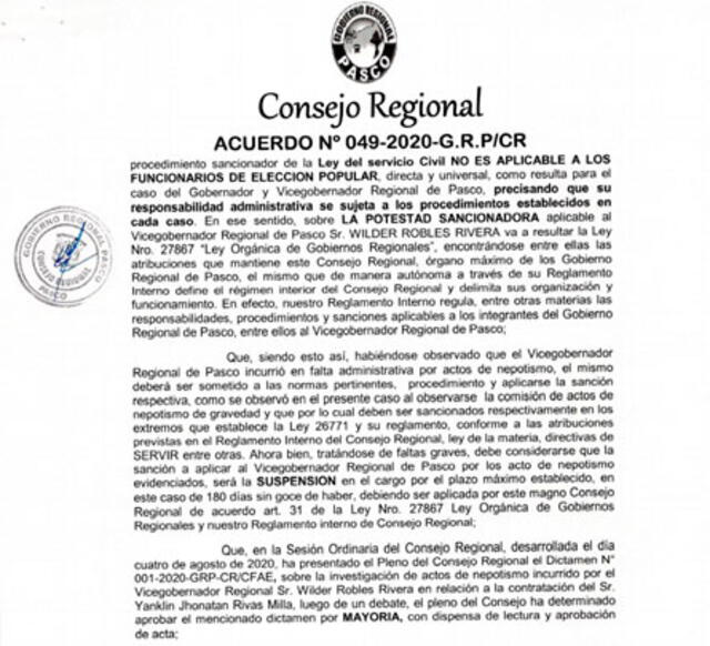 Acuerdo del Consejo Regional que dispone la suspensión de Robles. Foto: captura