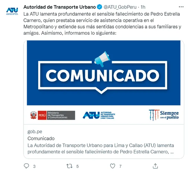 ATU se pronunció por medio de sus canales oficiales. Foto: Twitter