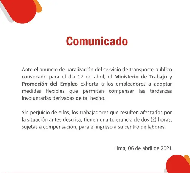 Comunicado del MTPE. Foto: Twitter