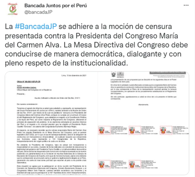Legisladores de Juntos por el Perú se sumaron a la moción de censura en contra de la presidenta del Congreso, María del Carmen Alva. Foto: @BancadaJP/Twitter