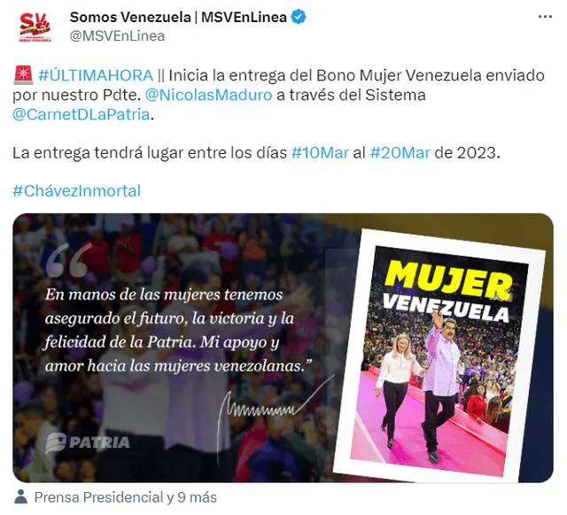  Somos Venezuela informó de la entrega del Bono Mujer Venezuela 2023. Foto: MSVEnLinea/ Twitter   