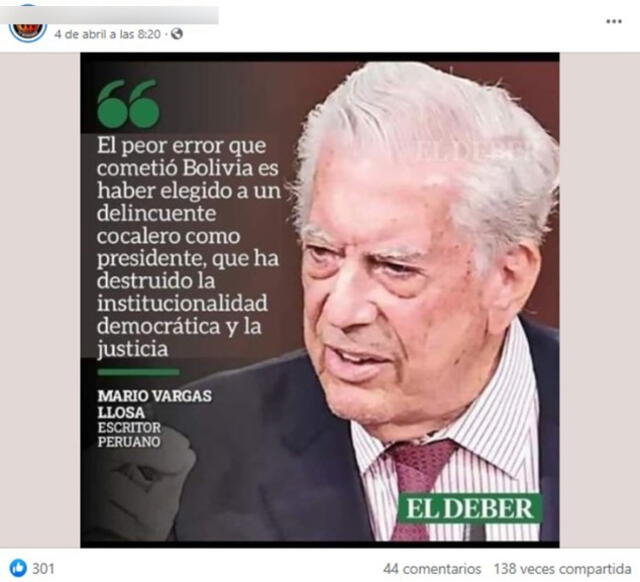  Publicación que atribuye falsamente una cita a Mario Vargas Llosa. Foto: captura en Facebook   