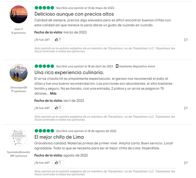  Los comentarios de los usuarios de TripAdvisor sobre el Chifa Titi. Foto: captura de TripAdvisor   