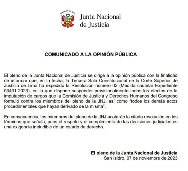  Comunicado de la JNJ. Foto: difusión 