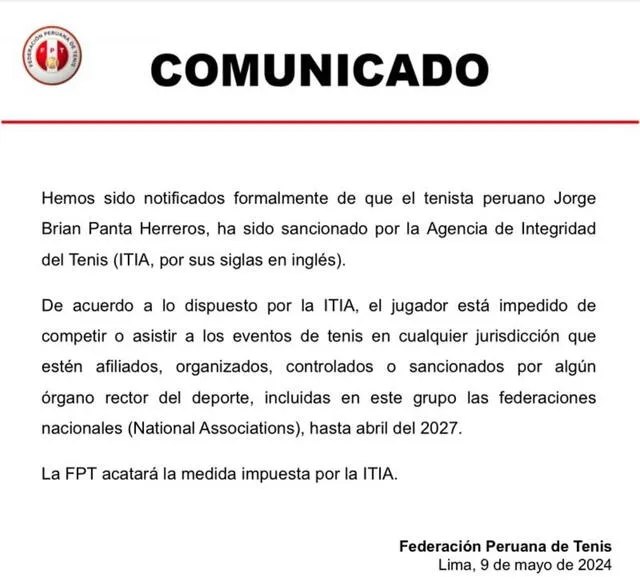 Comunicado de la Federación Peruana de Tenis sobre Brian Panta. Foto: FPT.   
