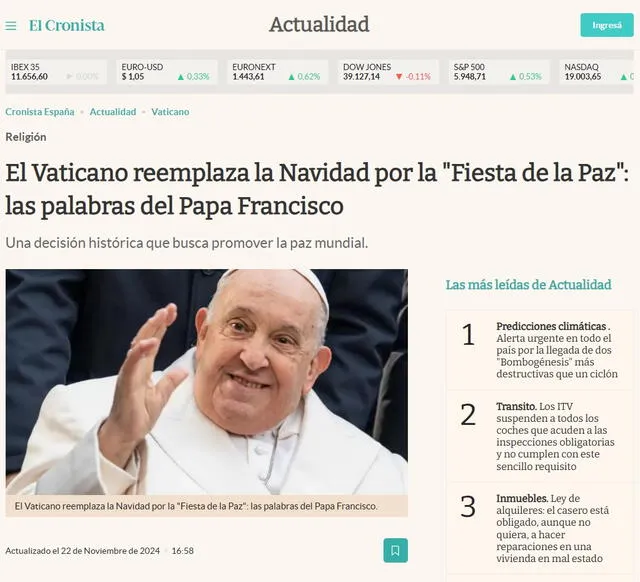 <em> Primer registro de la imagen viral que presenta el supuesto anuncio del papa Francisco. Foto: captura de Google / El Cronista</em>   