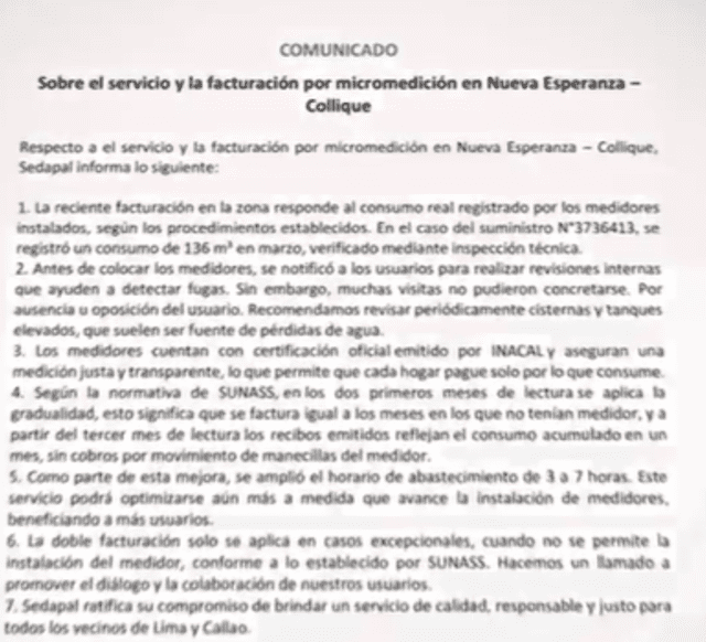 Comunicado de Sedapal. Foto: América. Comunicado de Sedapal. Foto: América.