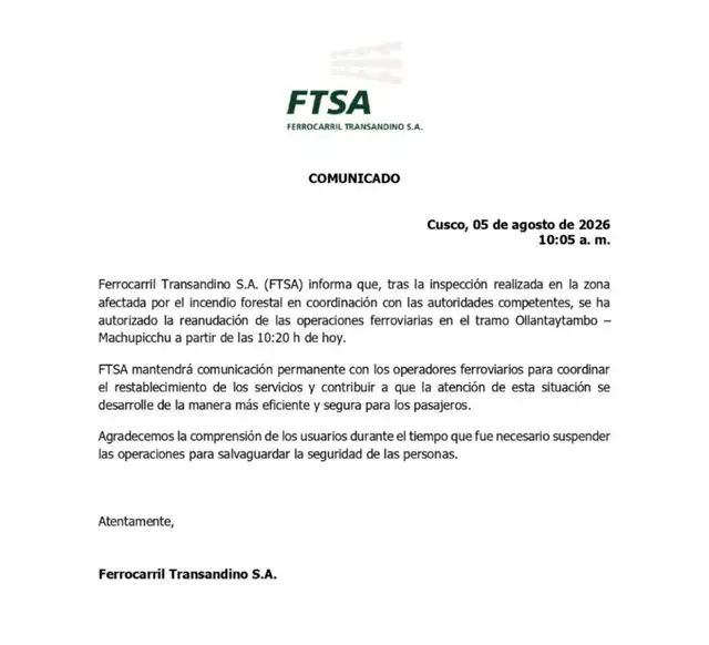 Comunicado de Ferrocarril Trasandino S.A.