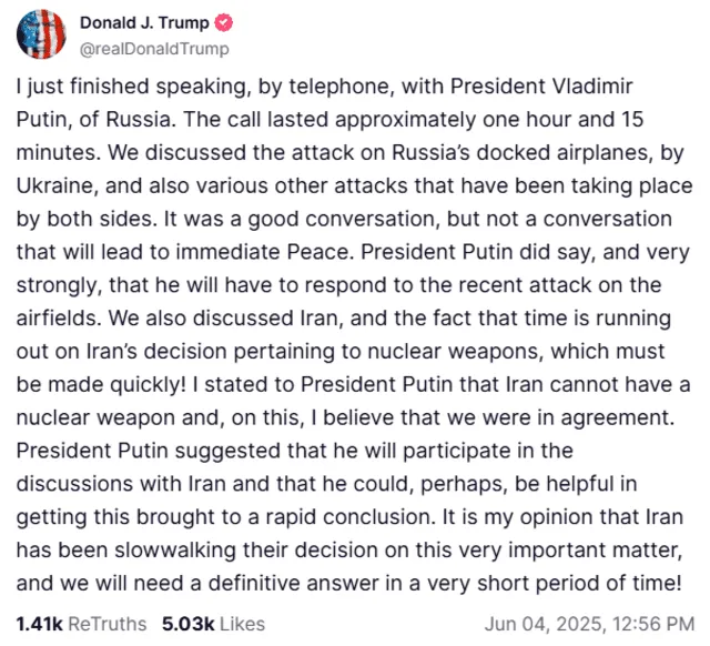 Donald Trump shares his conversation with Putin. Photo: @realDonaldTrump/ Truth Social Donald Trump shares his conversation with Putin. Photo: @realDonaldTrump/ Truth Social