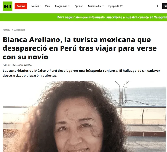 Así informa RT sobre el caso Blanca Arellano Gutiérrez.