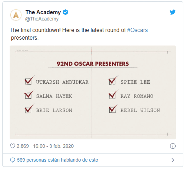 La Academia de Hollywood hizo oficial las participaciones de Salma Hayek y Brie Larsson a través de Twitter.