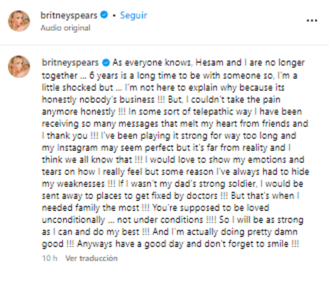  Britney Spears se pronuncia en redes sociales tras su divorcio. Foto: Instagram<br><br>    
