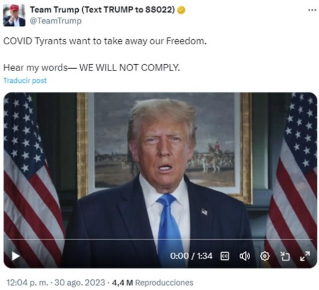  Video de Donald Trump fue divulgado el 30 de agosto de 2023. Foto: captura en X / Team Trump (Text Trump to 88022). <br>    