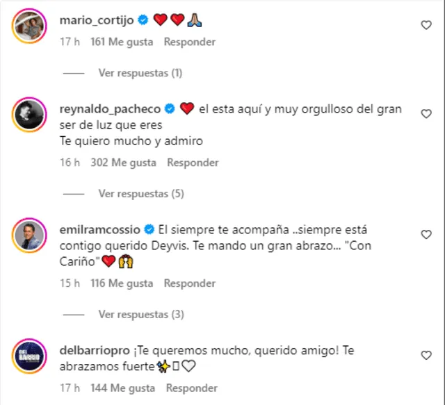  Actores de la serie 'Tu nombre y el mío' mostraron su apoyo en la publicación de Deyvis. Foto: Instagram    