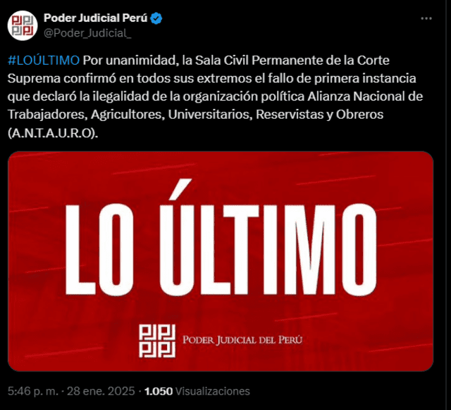 Poder Judicial anuncia ilegalidad del partido político A.N.T.A.U.R.O.   