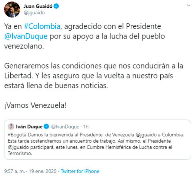 Juan Guaidó comunicó su llegada a suelo colombiano. Foto: captura