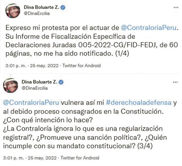 Advierte. Boluarte parece sugerir que la Contraloría está convirtiéndose en una entidad política en contra del Gobierno. Fotos: capturas de Twitter @DinaErcilia
