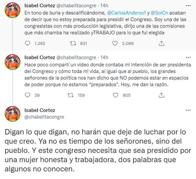 Isabel Cortez se pronuncia sobre reacción de Sol Carreño y Carlos Anderson ante su posible postulación a la Mesa Directiva.