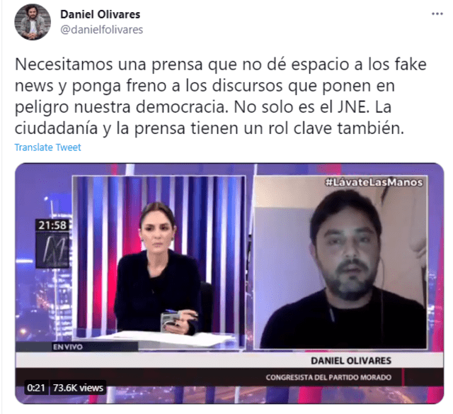 Publicación de Daniel Olivares tras entrevista. Captura: Twitter