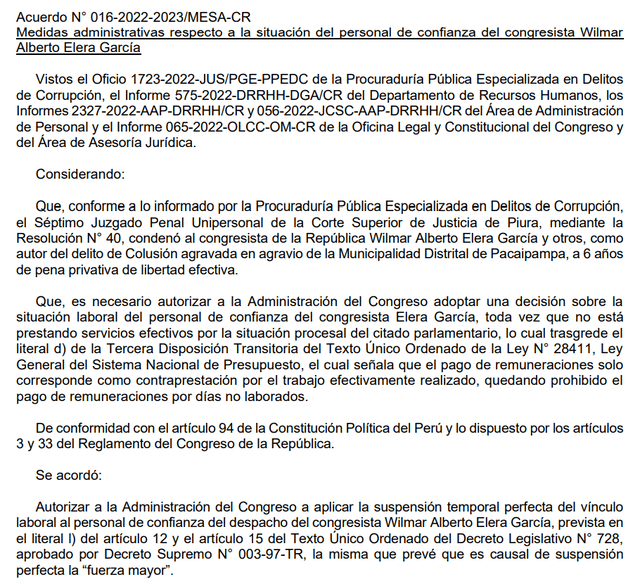 Acuerdo de Mesa Directiva sobre personal de confianza de Wilmar Elera. Foto: documento