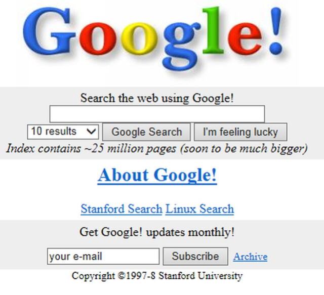 Así lucía la interfaz de Google en 1998. Foto: Google   