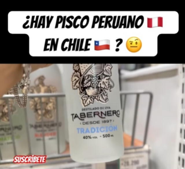  Las botellas de pisco peruano, que se venden en supermercados chilenos, están etiquetadas como “destilado de uva”. Foto: Captura de pantalla YouTube.   