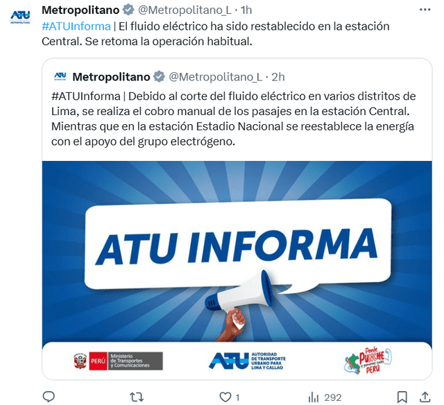 Metropolitano resultó afectado por corte de luz en varios distritos de Lima. Foto: captura/ATU Metropolitano resultó afectado por corte de luz en varios distritos de Lima. Foto: captura/ATU