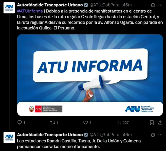 Comunicado del ATU sobre rutas del Metropolitano. Foto: ATU (captura X<strong>)</strong>. Comunicado del ATU sobre rutas del Metropolitano. Foto: ATU (captura X<strong>)</strong>.