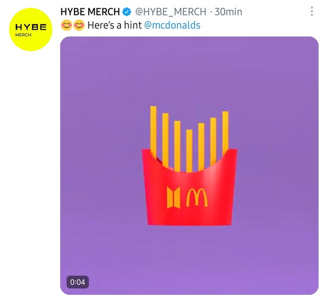 Comunicado de HYBE sobre el merch de BTS y McDonald's. Foto: captura Twitter