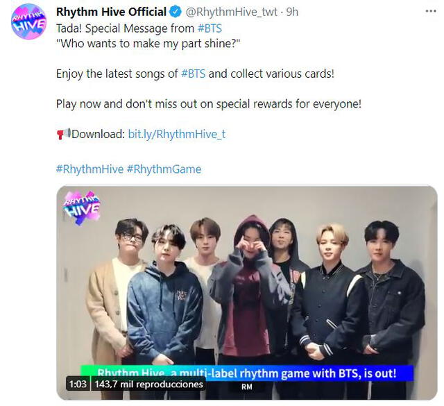 El post de Rhythm Hive con el video de BTS. Foto: @RhythmHive_twt