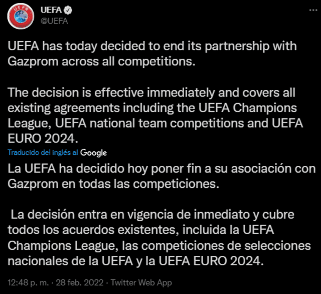 UEFA anunció que no continuará su asociación con Gazprom. Foto: captura de Twitter