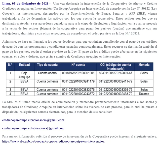 Nota de prensa de la SBS sobre el pago de créditos de socios deudores de Credicoop Arequipa. Fuente: Captura LR, SBS.