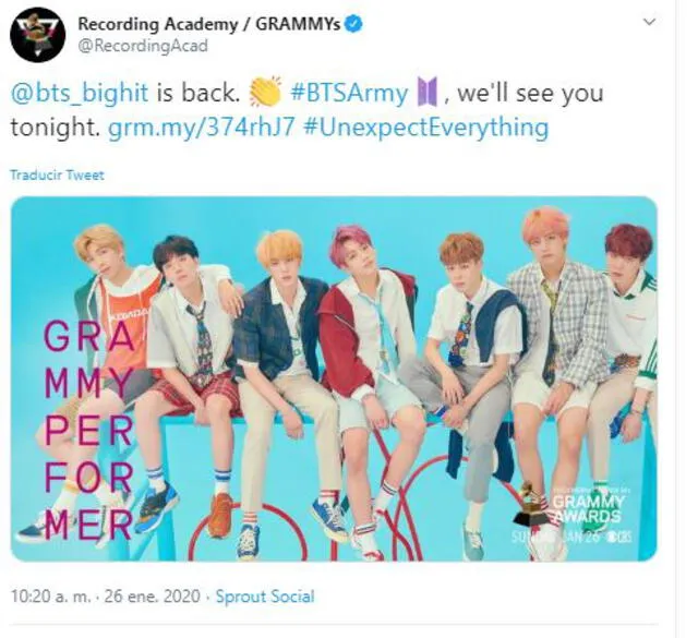Tuit de la Academia de los Grammy recordando la performance de BTS en la gala de este domingo 26.