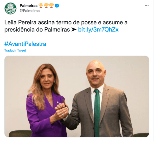 Leila Pereira asume el cargo en las instalaciones del Palmeiras. Foto: captura Twitter Palmeiras
