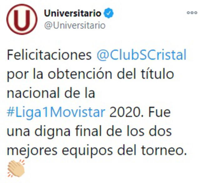 Mensaje de Universitario a Sporting Cristal. Foto: Universitario