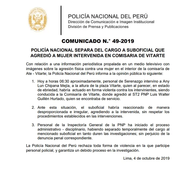 Comunicado de la PNP.