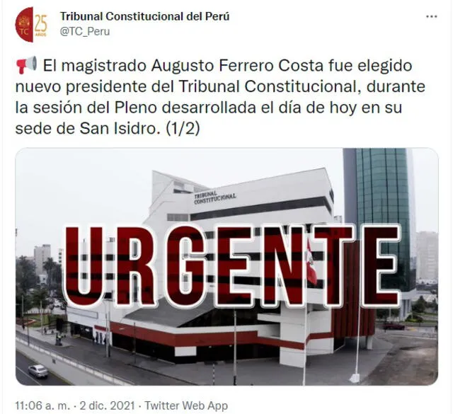 El Tribunal Constitucional oficializó la designación de Augusto Ferrero a través de su cuenta de Twitter..
