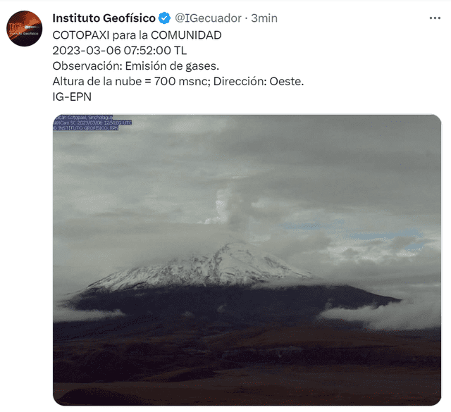 Última actualización del volcán Cotopaxi. Foto: Twitter/IGecuador   